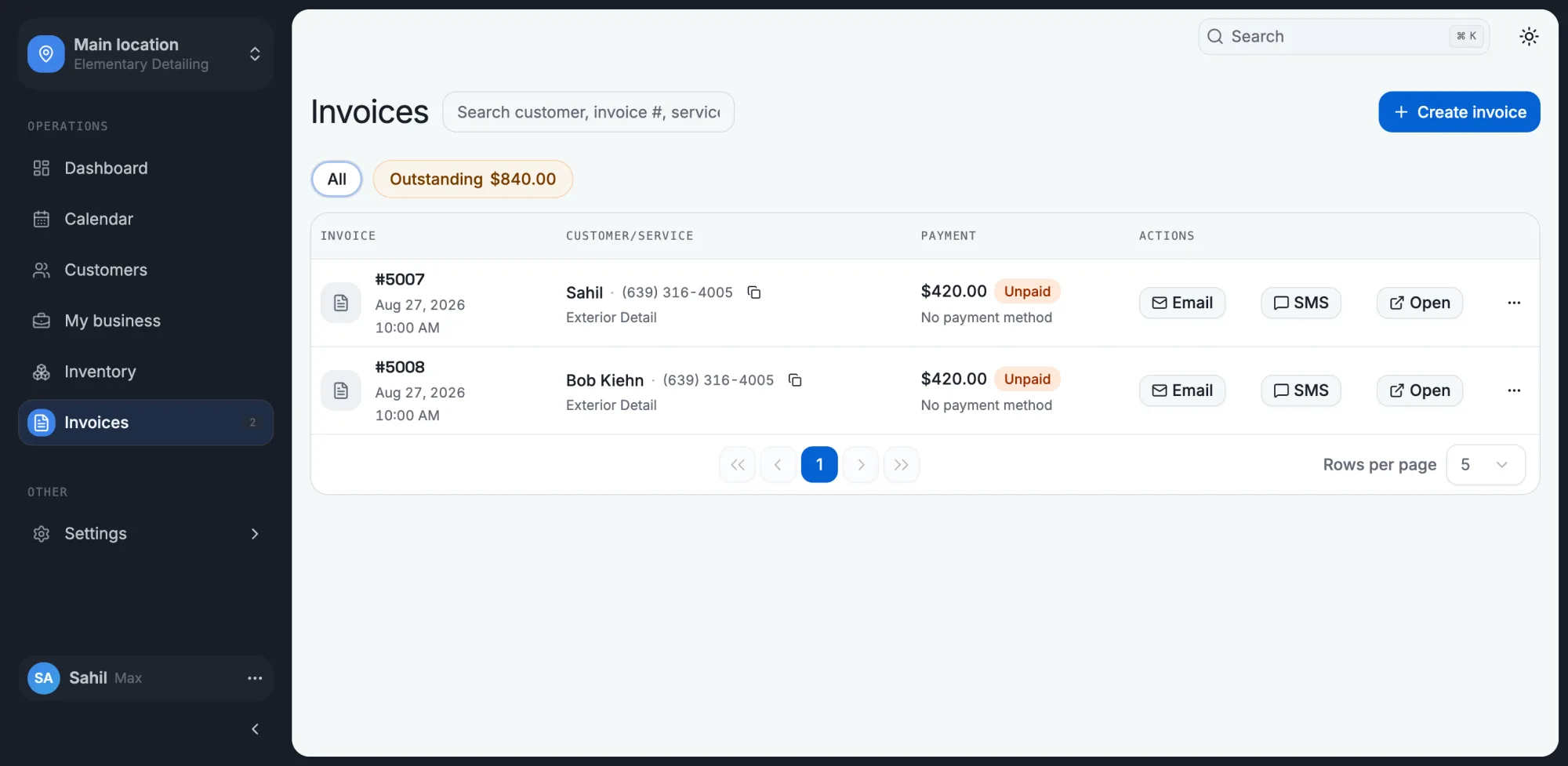 TaskLyft invoice list with outstanding balances and email and SMS actions